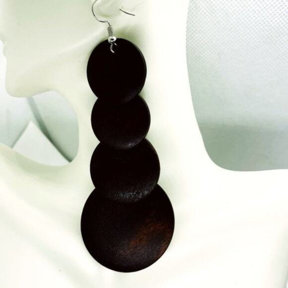 NWT Brown Wood Layered Circle Tiered Dangle Earrings - Picture 1 of 5